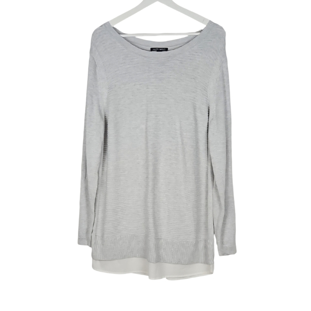 Hilary Radley Double-Layer Sweater Gray Ribbed with Shirt Hem, Size XL